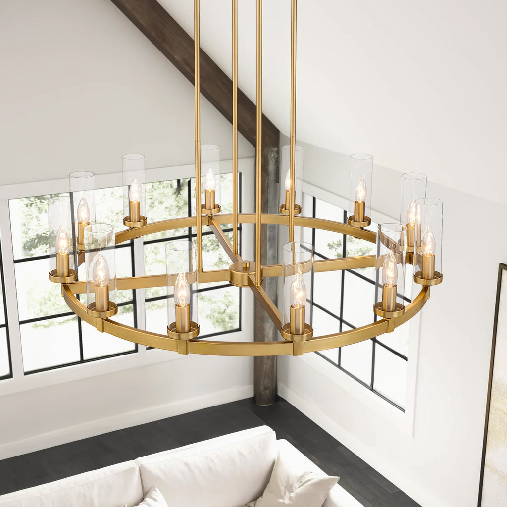 12-Light Mid-Century Modern Cylinder Clear Glass Wagon Wheel Chandelier Gold/Black Large Chandelier