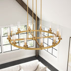 12-Light Mid-Century Modern Cylinder Clear Glass Wagon Wheel Chandelier Gold/Black Large Chandelier