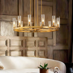 12-Light Mid-Century Modern Cylinder Clear Glass Wagon Wheel Chandelier Gold/Black Large Chandelier