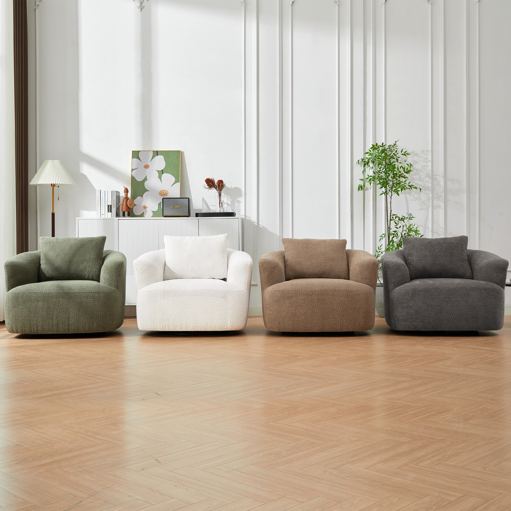 360¡ã Swivel Chair, 38.2 Boucle Accent Chair with Throw Pillow, Upholstered Barrel Sofa Chair with Curved Armrests